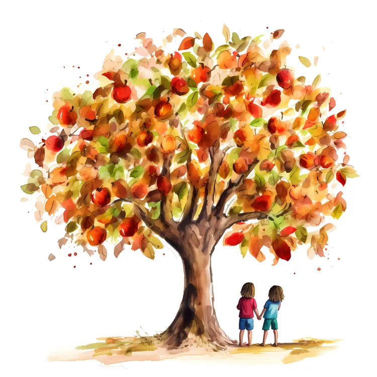 Two Children Standing by Apple Tree