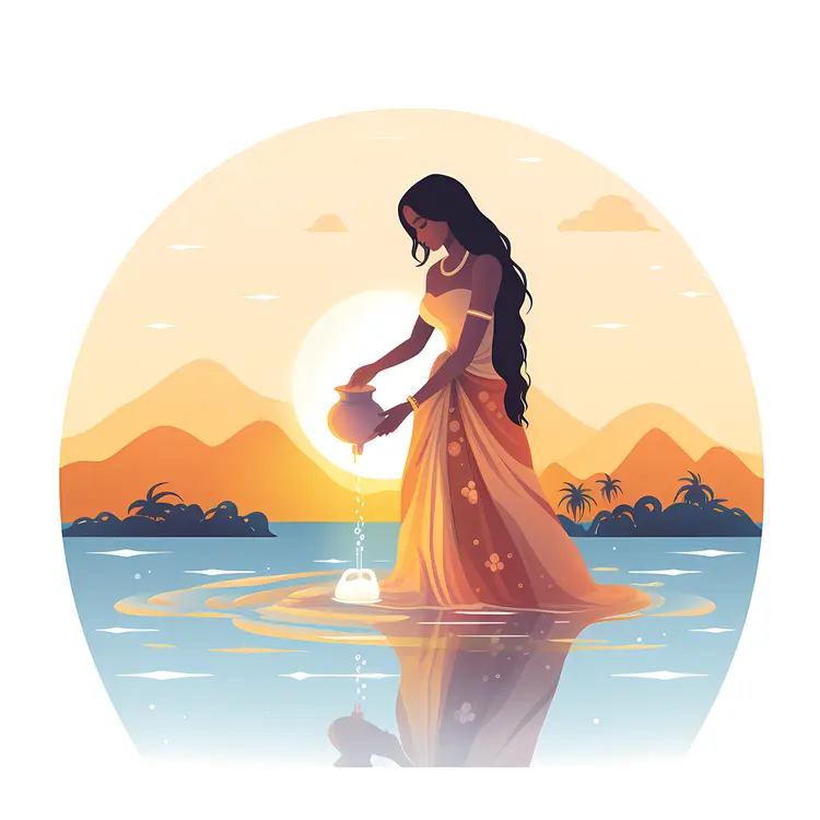Calm Woman with Pot at Sunset