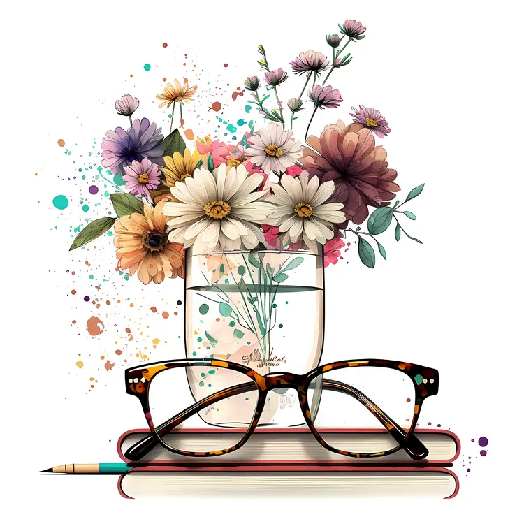 Glasses on Books with Flowers