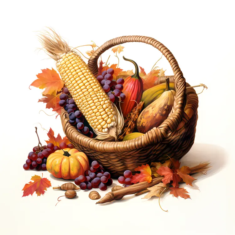 Cornucopia Basket with Corn and Autumn Leaves