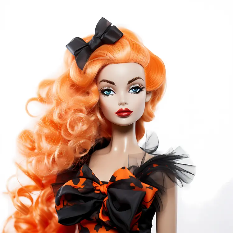 Doll with Orange Hair and Bow in Halloween Dress