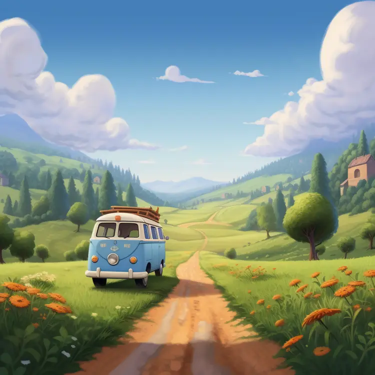Blue Van on a Countryside Road
