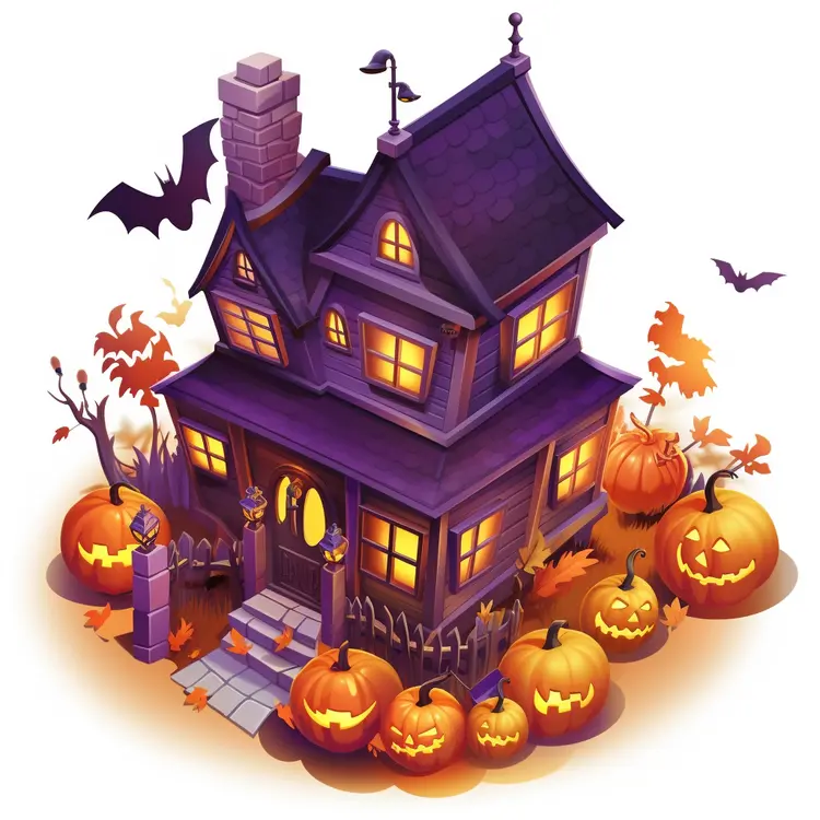 Spooky Haunted House with Pumpkins and Bats