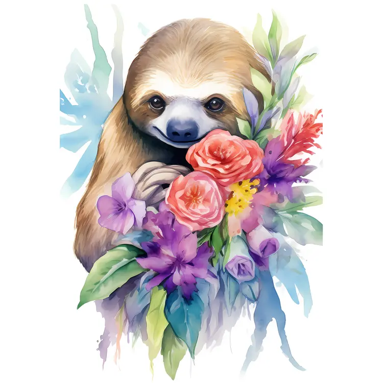 Cute Sloth with Colorful Flowers in Watercolor