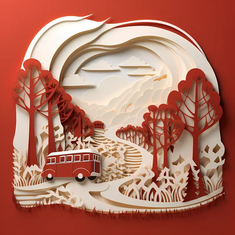 Red Paper Art Bus in a Forest Scene