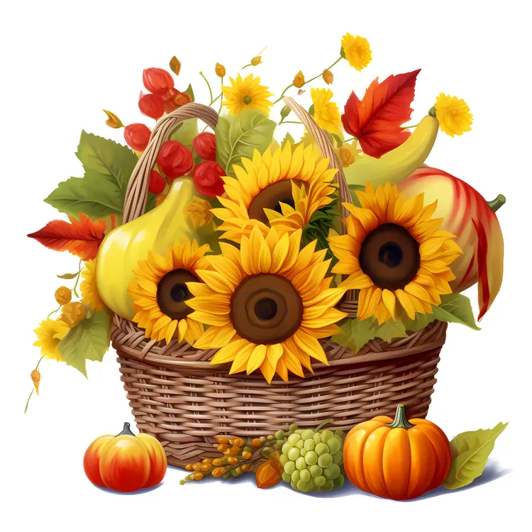 Autumn Harvest Basket with Sunflowers and Pumpkins
