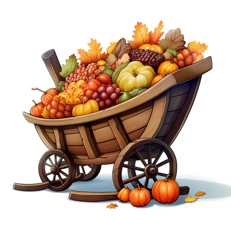 Harvest Cart with Fruits and Pumpkins