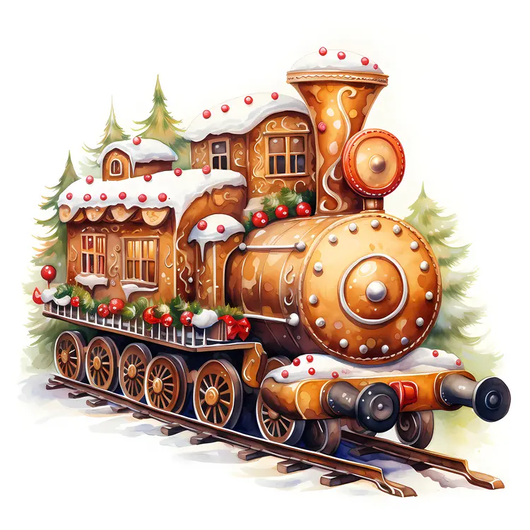 Gingerbread Train with House and Snowy Trees