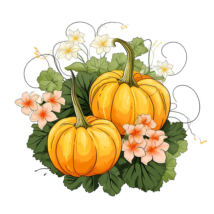 Pumpkins with Flowers and Leaves