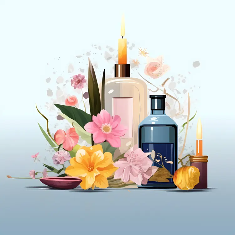 Assorted Perfume Bottles with Flowers and Candles