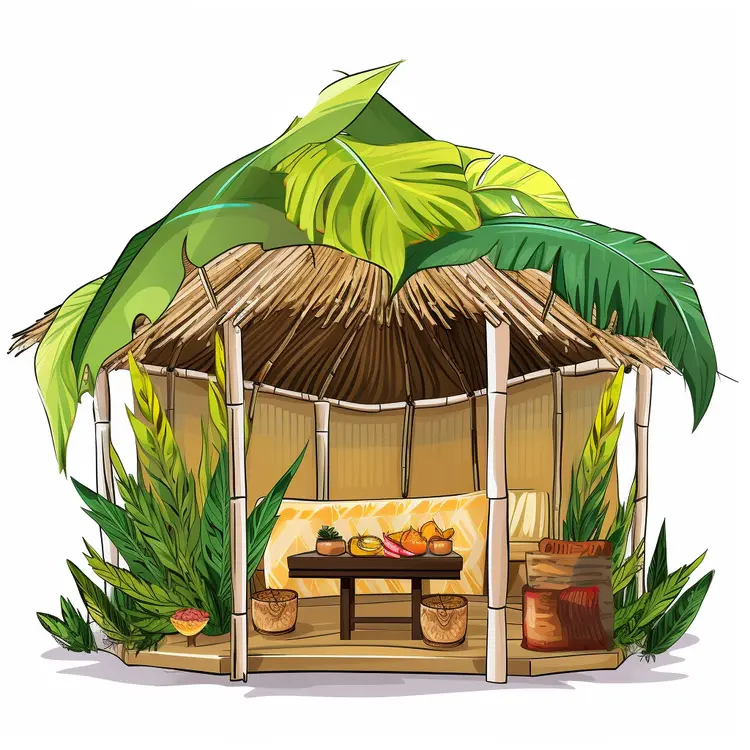 Tropical Bamboo Hut with Leafy Roof