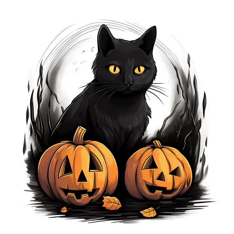 Black Cat with Pumpkins for Halloween