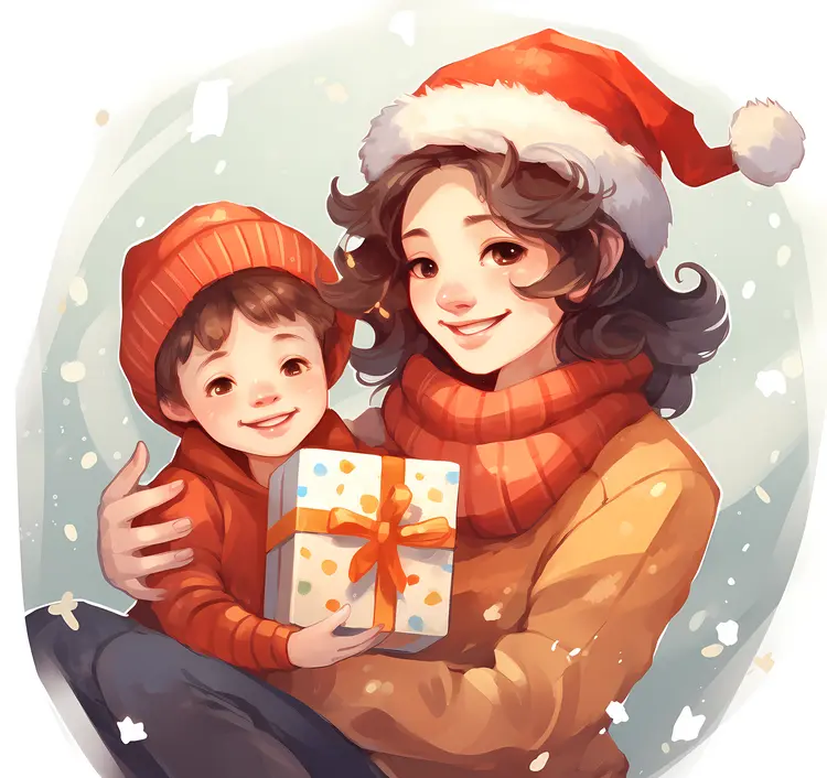 Mother and Child with Christmas Gift