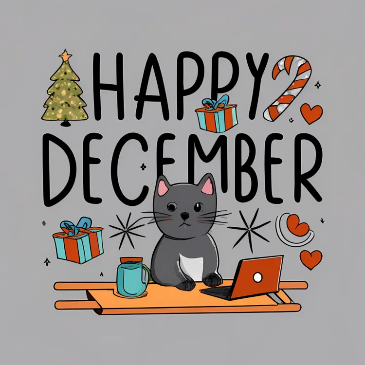 Cute Cat with Laptop and Gifts in December