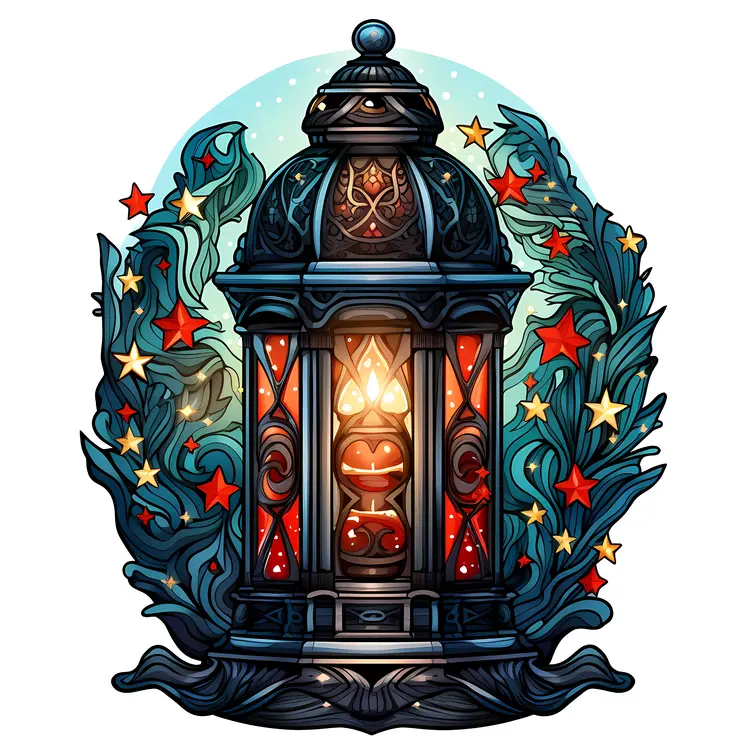 Black Lantern with Stars and Floral Decorations