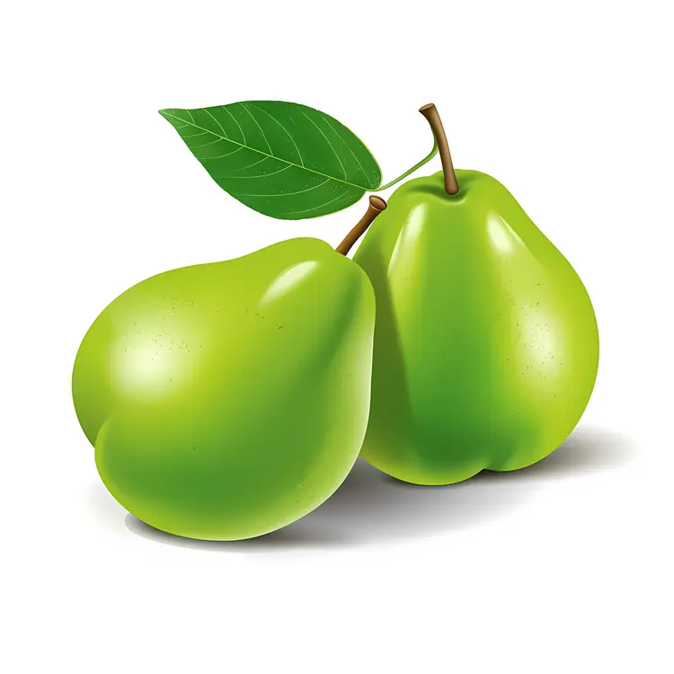 Two Fresh Green Pears with Leaves