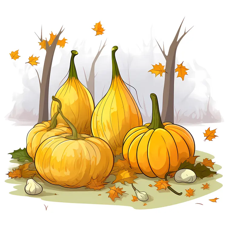 Pumpkins and Gourds with Autumn Leaves