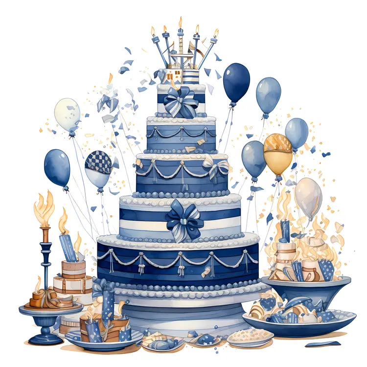 Large Blue Birthday Cake with Balloons