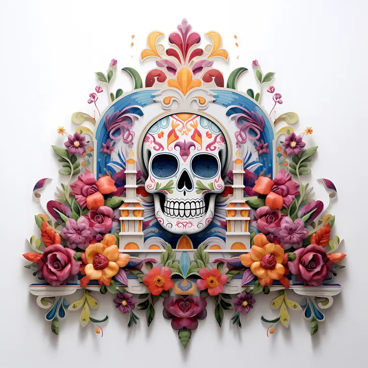 Colorful Skull with Floral Decorations for Day of the Dead