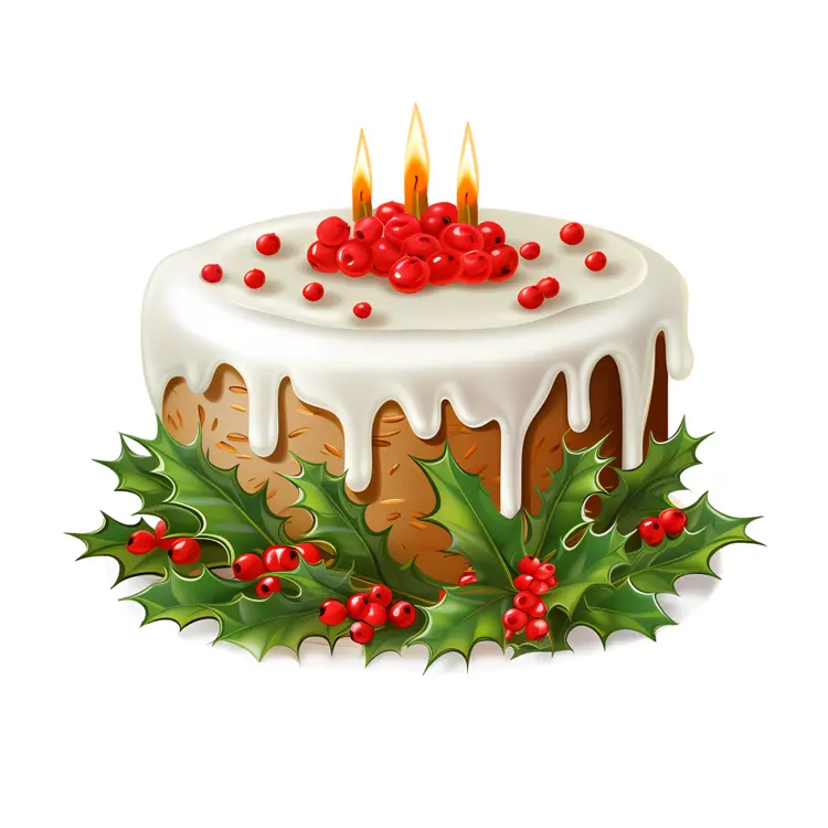 Christmas Cake with Candles and Holly Leaves