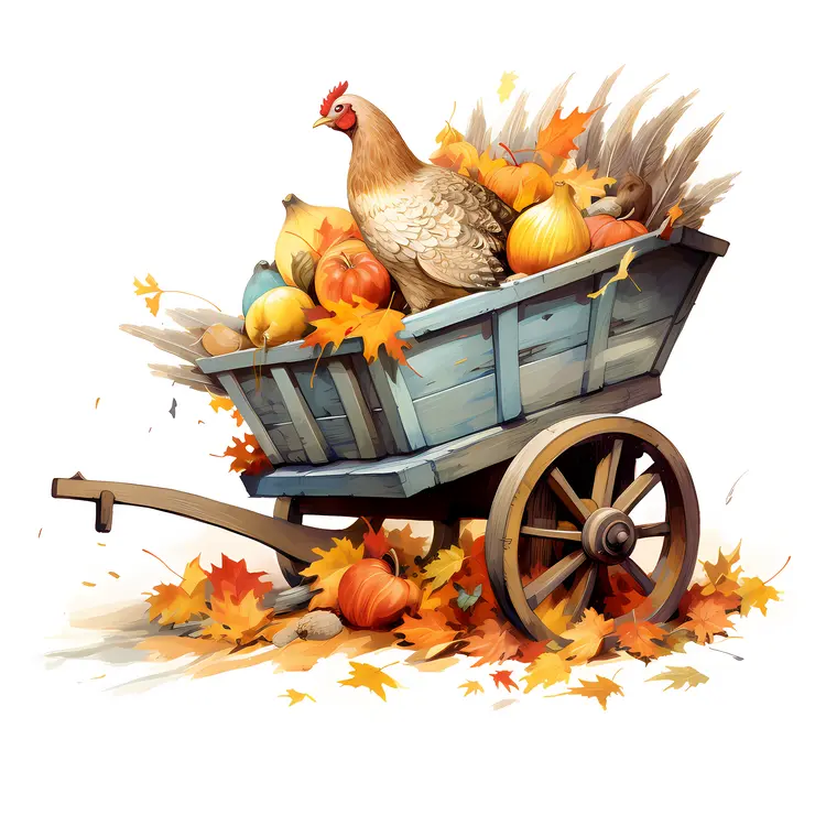 Wooden Cart with Pumpkins and Chicken for Thanksgiving