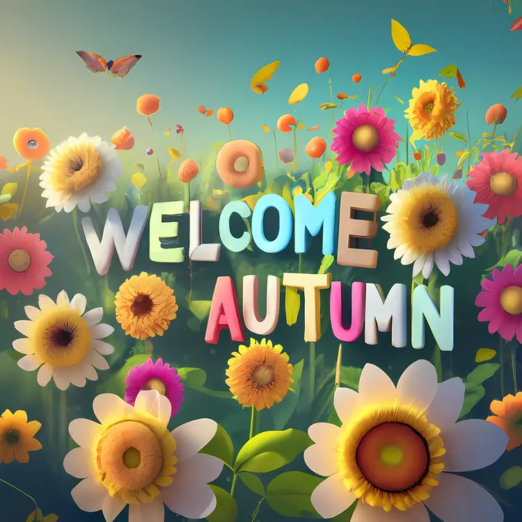 Colorful Welcome Autumn Text with Flowers and Butterflies