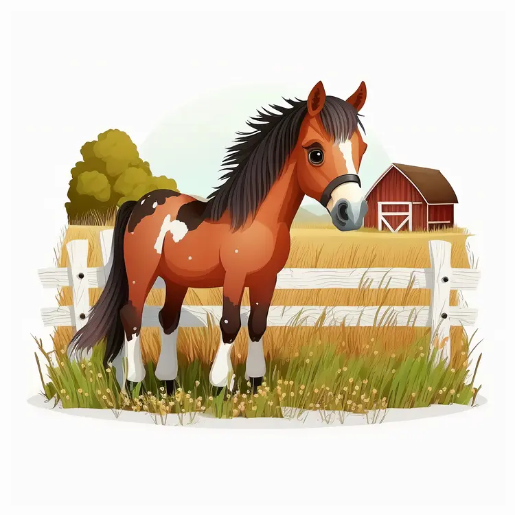 Brown Horse on a Farm with Barn and Fence