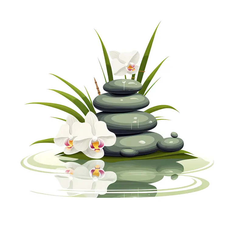 White Orchids and Stones in Zen Garden