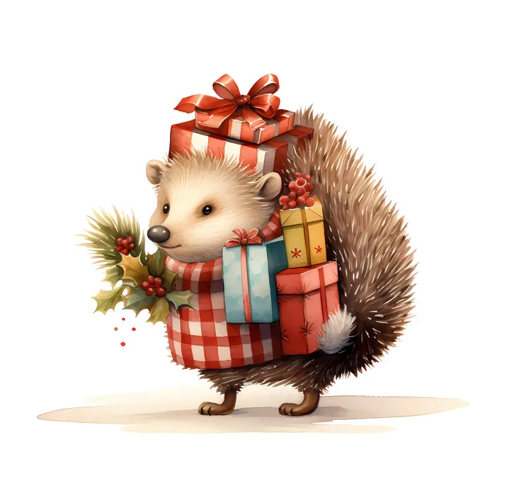 Hedgehog with Christmas Gifts and Holly