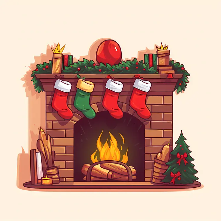 Cozy Fireplace with Christmas Stockings and Gifts