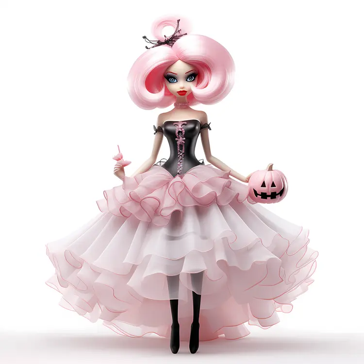 Doll with Pink Hair and Halloween Pumpkin