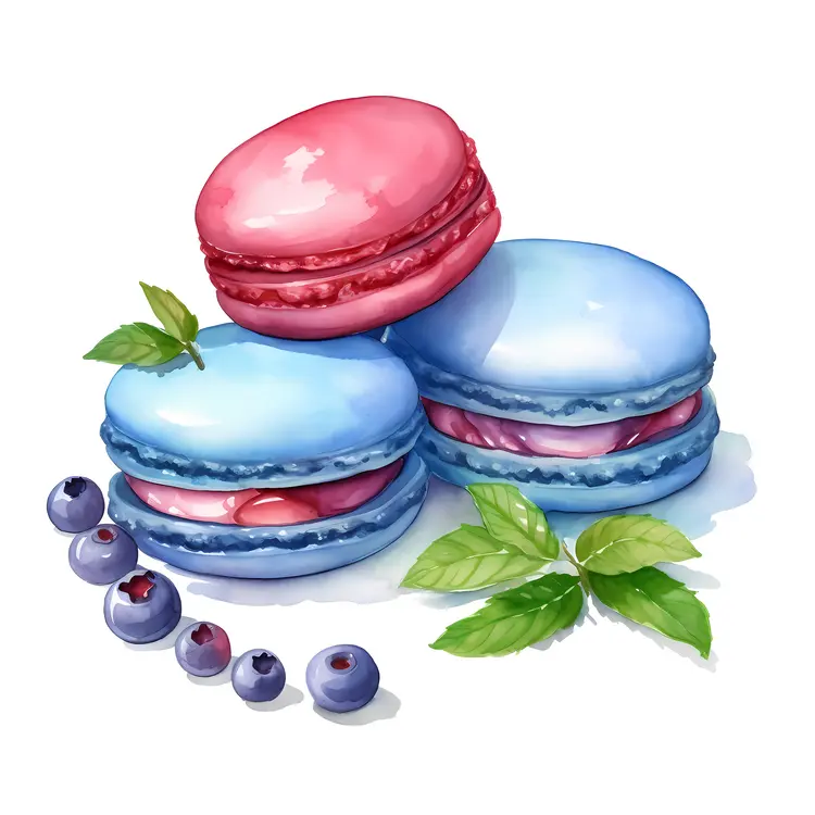 Colorful Macarons with Blueberries and Leaves
