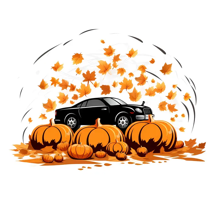 Black Car Surrounded by Pumpkins and Falling Leaves