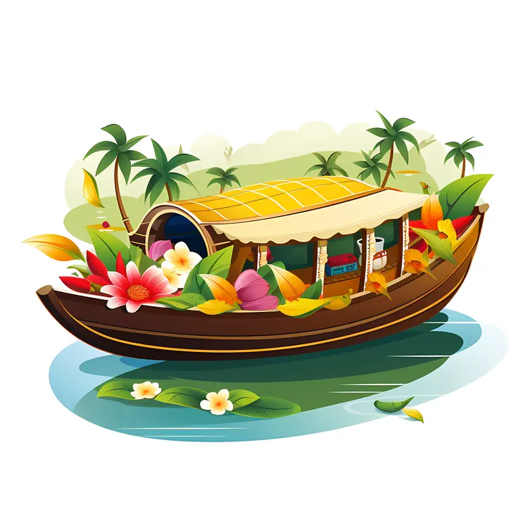 Beautiful Houseboat with Tropical Flowers and Palm Trees