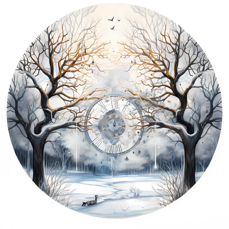 Winter Clock in Snowy Forest