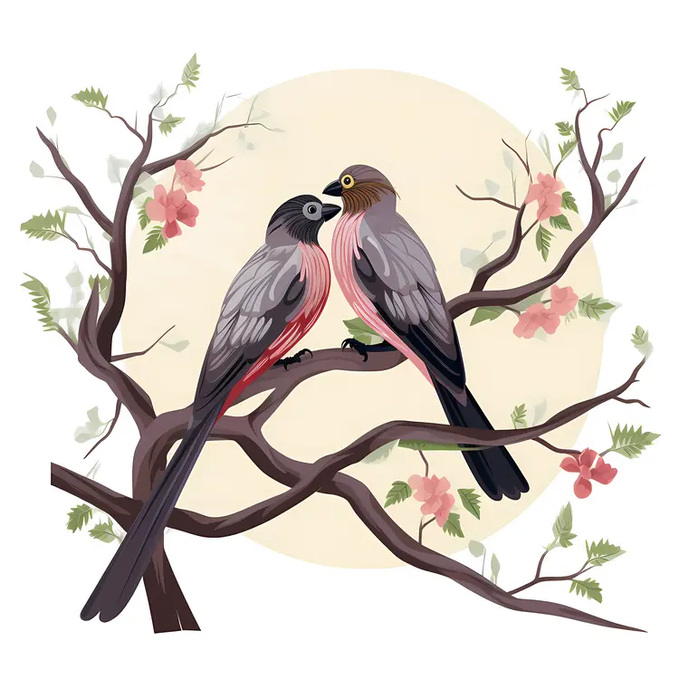 Two Birds Perched on a Branch Illustration