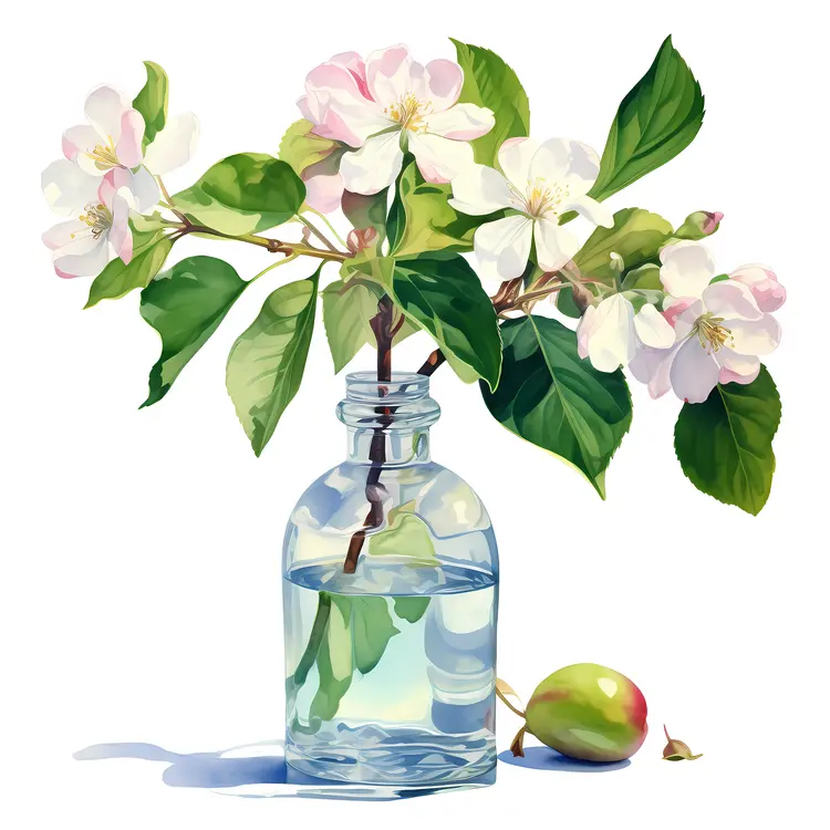 Fresh Apple Blossoms in Vase with Apple