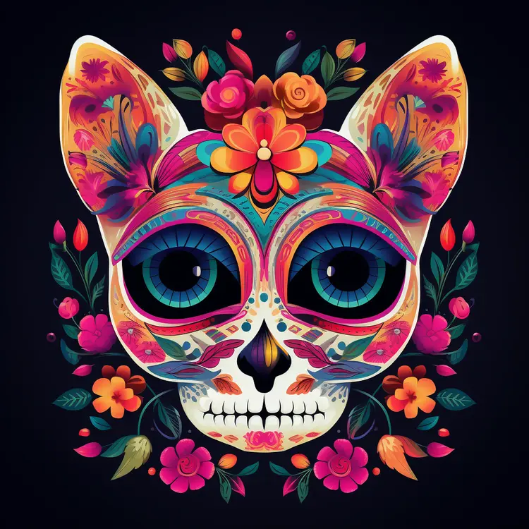 Colorful Cat Skull Art for Day of the Dead Celebration