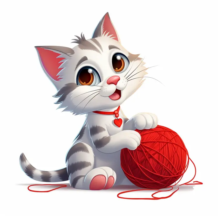 Cute Kitten Playing with Red Yarn Ball