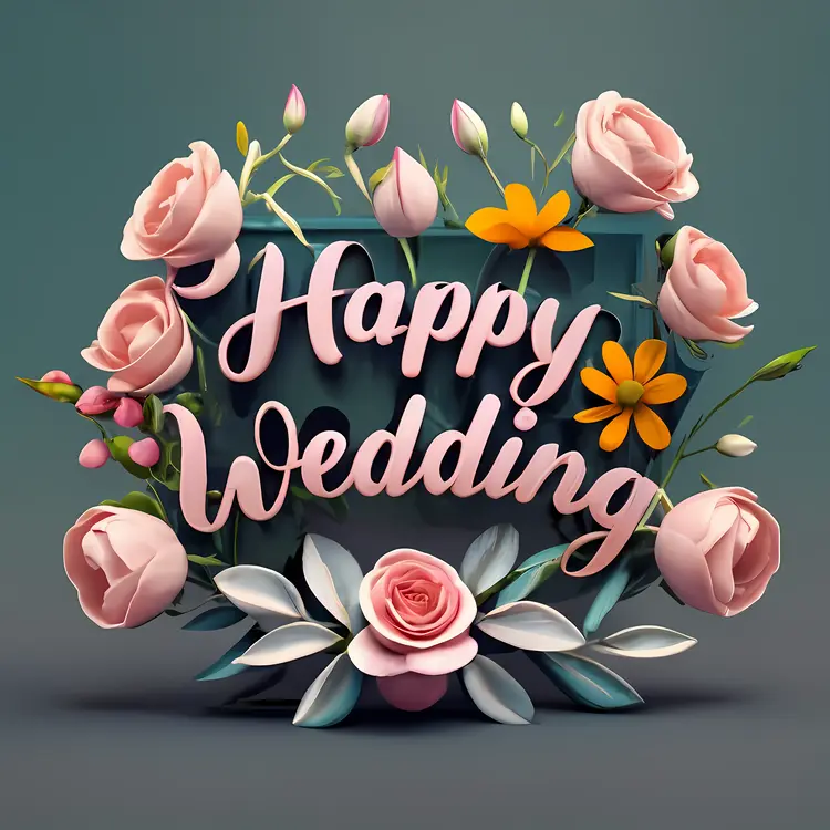Happy Wedding with Pink Roses and Floral Arrangement