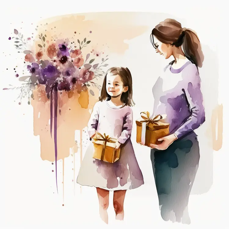 Watercolor Illustration of Mother and Daughter with Gift Boxes