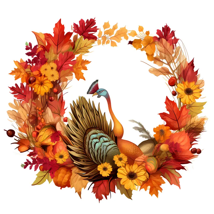 Colorful Turkey in Autumn Wreath