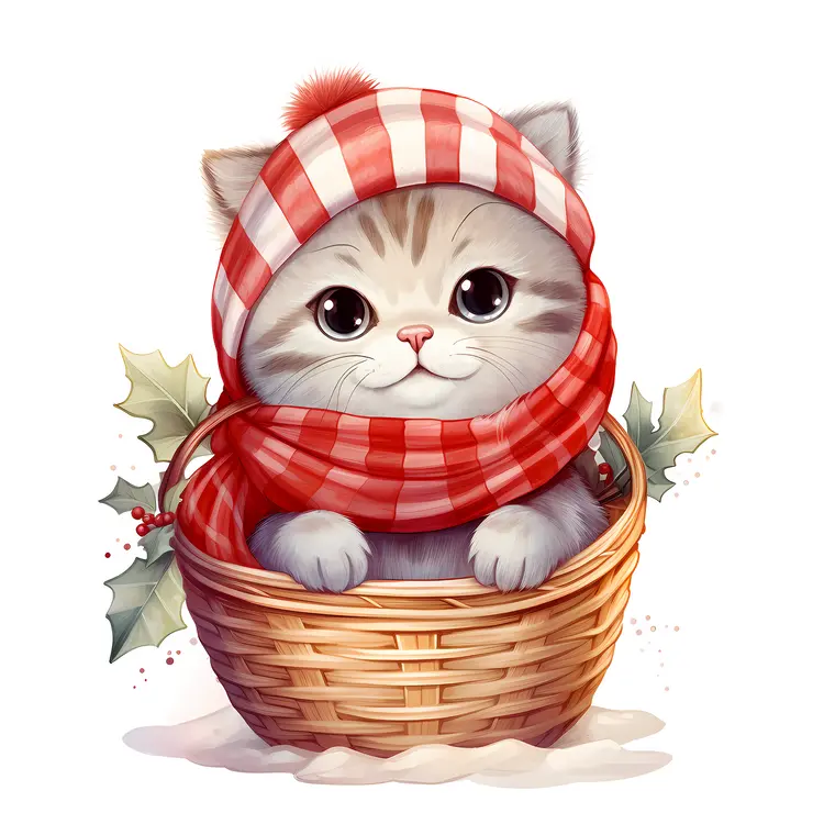 Adorable Kitten in Red Striped Hat and Scarf in Basket