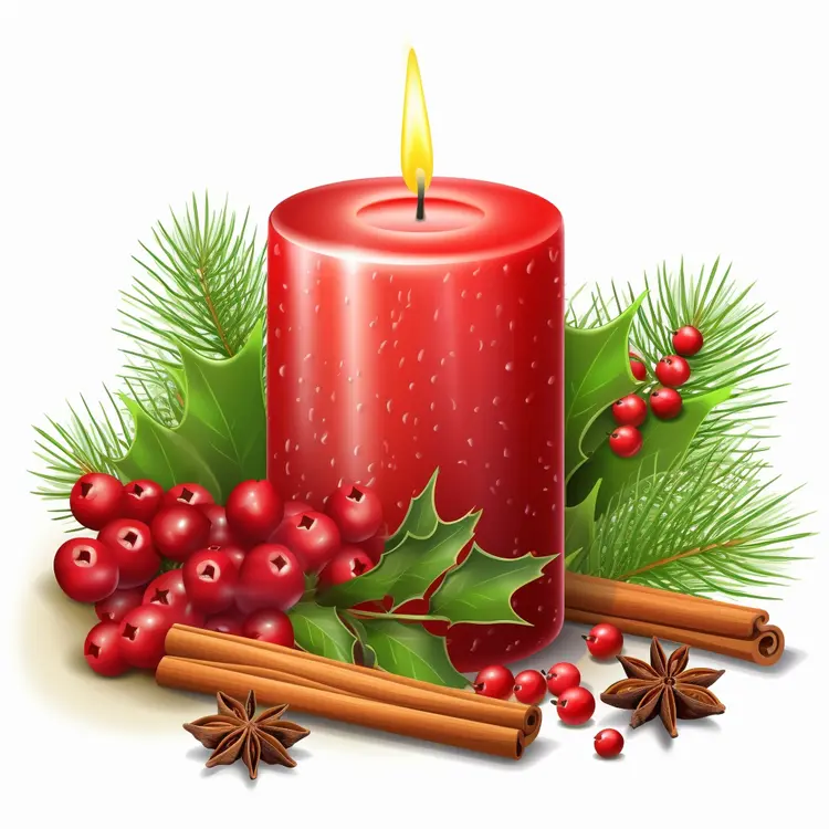 Festive Red Candle with Holly and Cinnamon