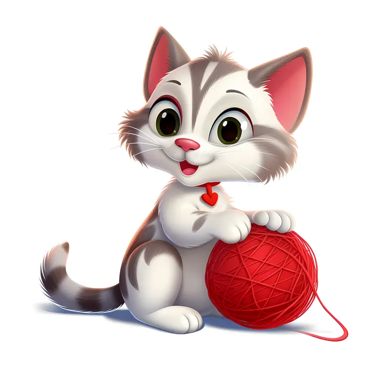 Cute Cartoon Cat with Red Yarn Ball