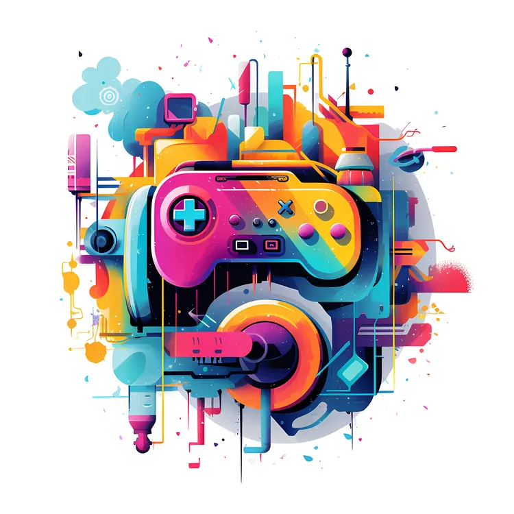 Colorful Game Controller with Headphones and Console Elements