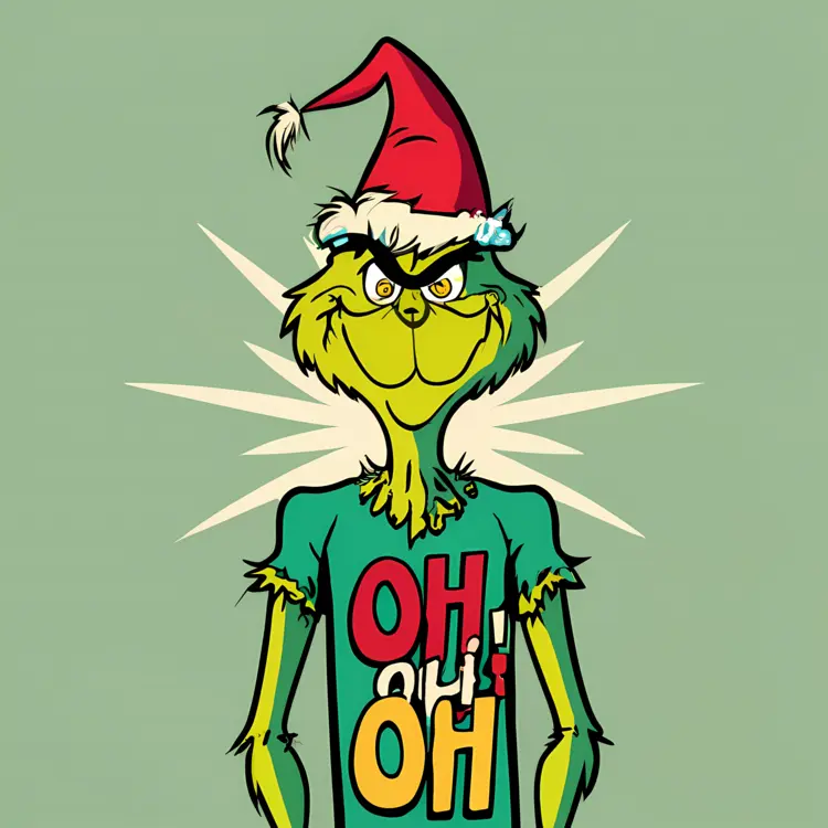 Grumpy Green Character with Santa Hat and 'Oh Oh Oh' Shirt