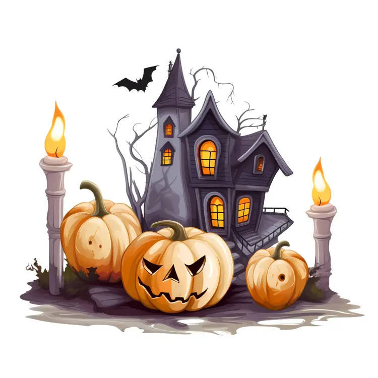 Spooky Haunted House with Pumpkins and Candles