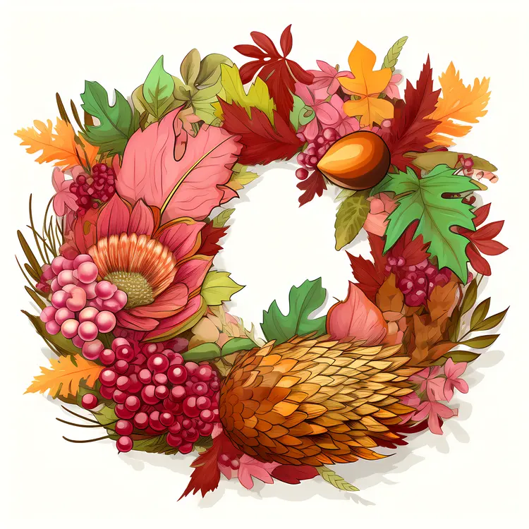 Autumn Wreath with Flowers and Leaves