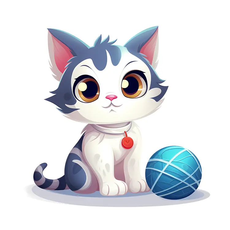 Cute Cartoon Cat with Blue Yarn Ball